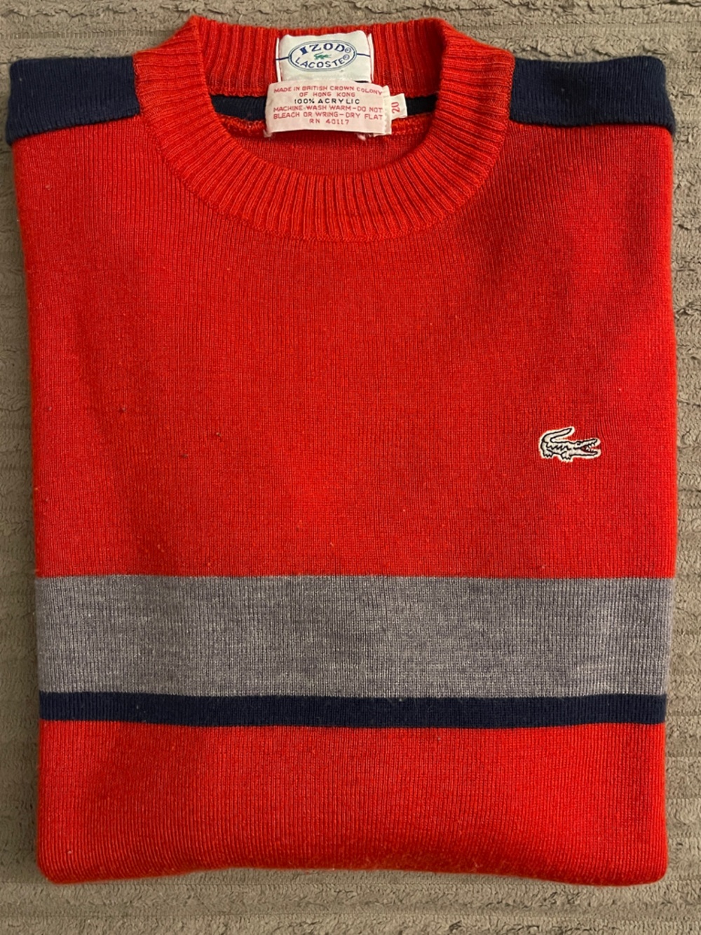 Lacoste Red Crewneck Sweater with Gray & Navy Stripes